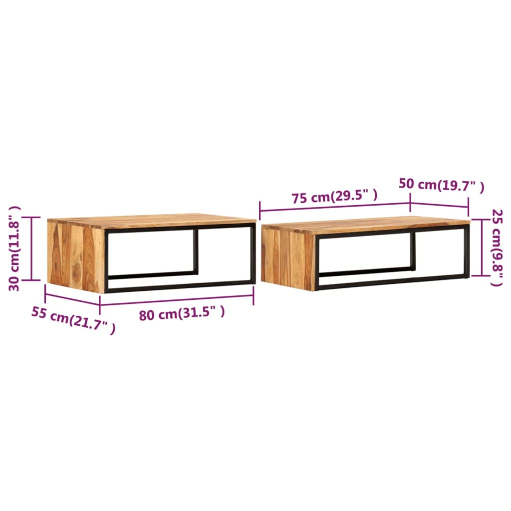 Brown Set of 2 Solid Sheesham Wood Rectangular Nesting Coffee Table Z8757