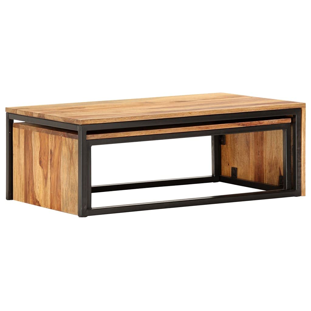 Brown Set of 2 Solid Sheesham Wood Rectangular Nesting Coffee Table Z8757