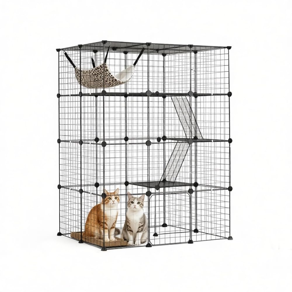 4-Tier Metal Wire Cat Cage with Hammock, Platforms & Ramps, Black R475166