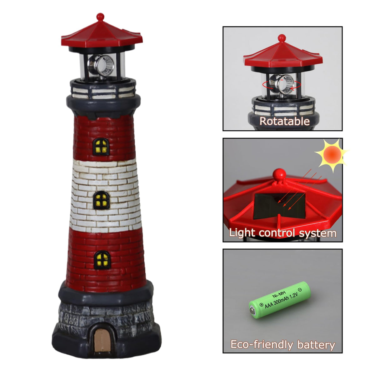 Solar Lighthouse with Rotating LED Lights, 4.7x4.7x14.8 Decorative Garden Statues, Red T51333