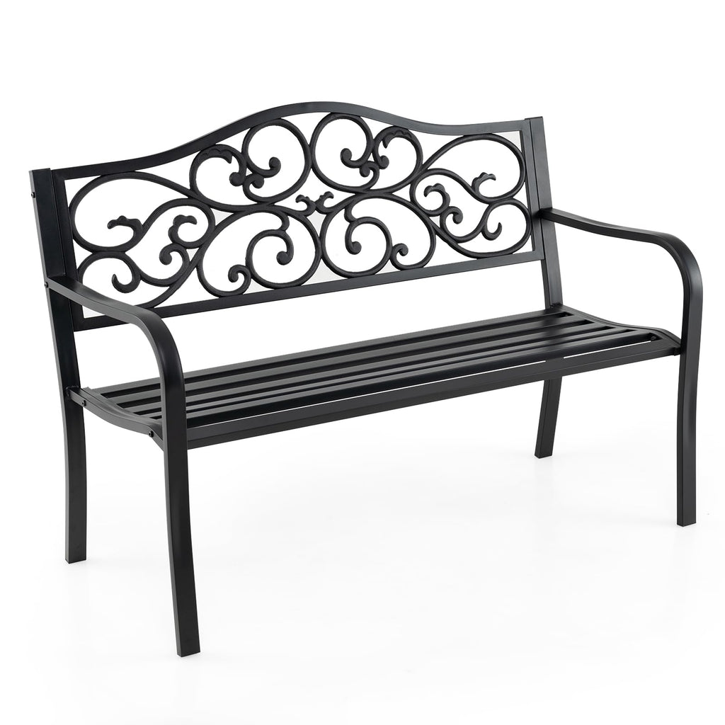 50 Inches Black Cast Iron Metal Patio Bench with Floral Backrest N40657