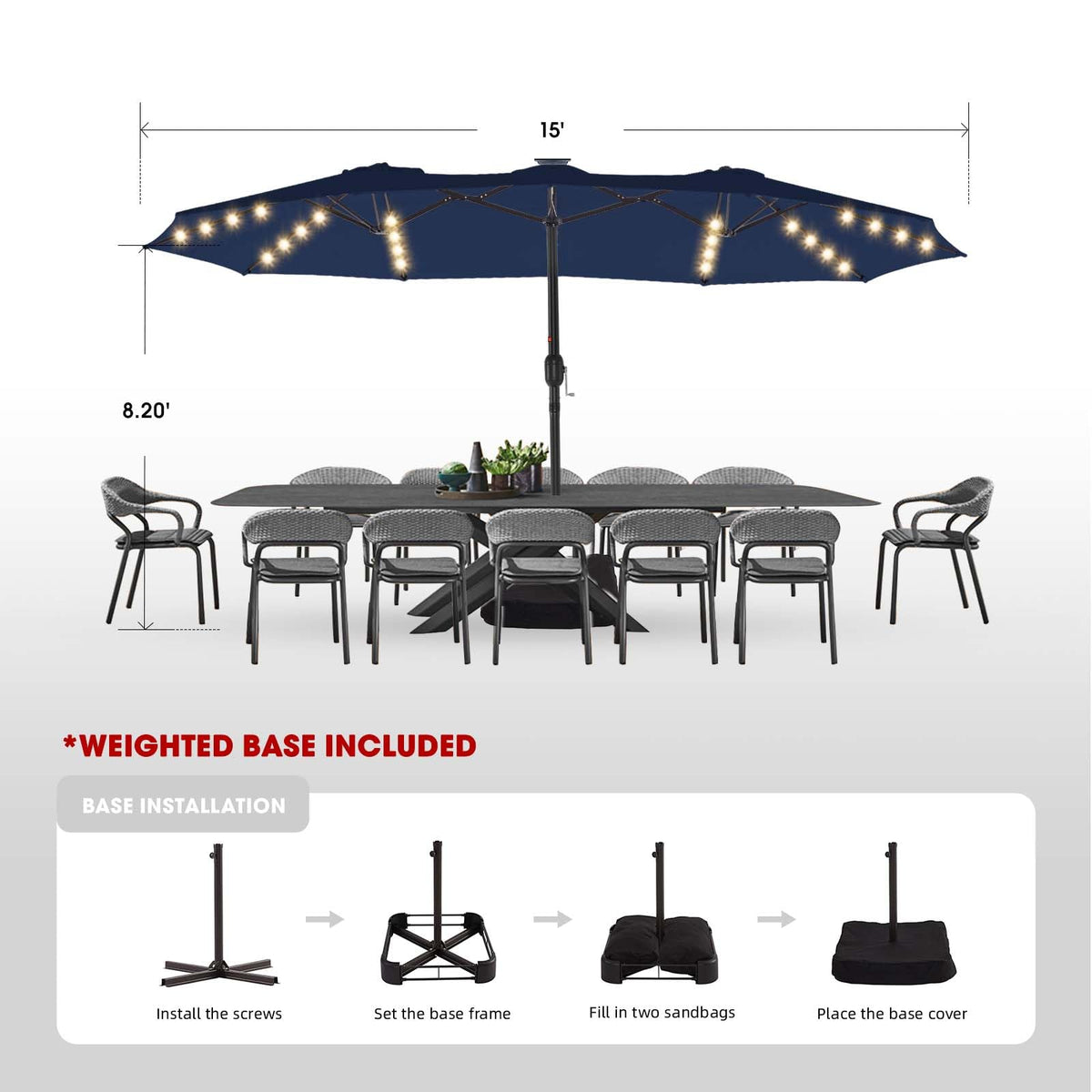 15ft Double-Sided Patio Umbrella with Base W27904