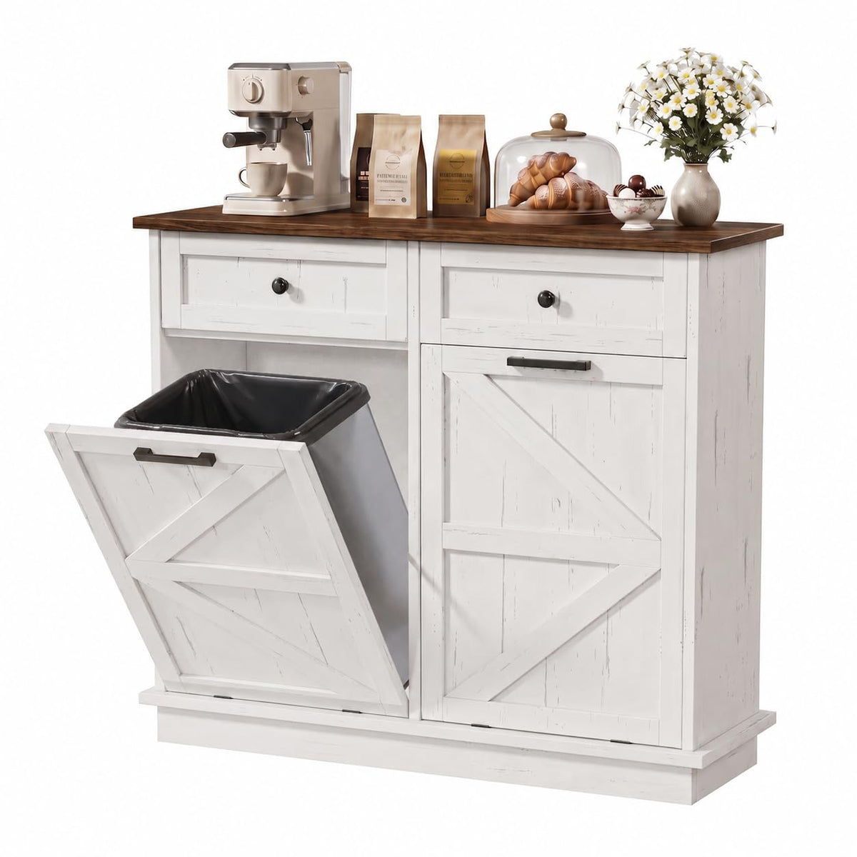 White Double Tilt Out Trash Can Cabinet with 2 Drawers B518224