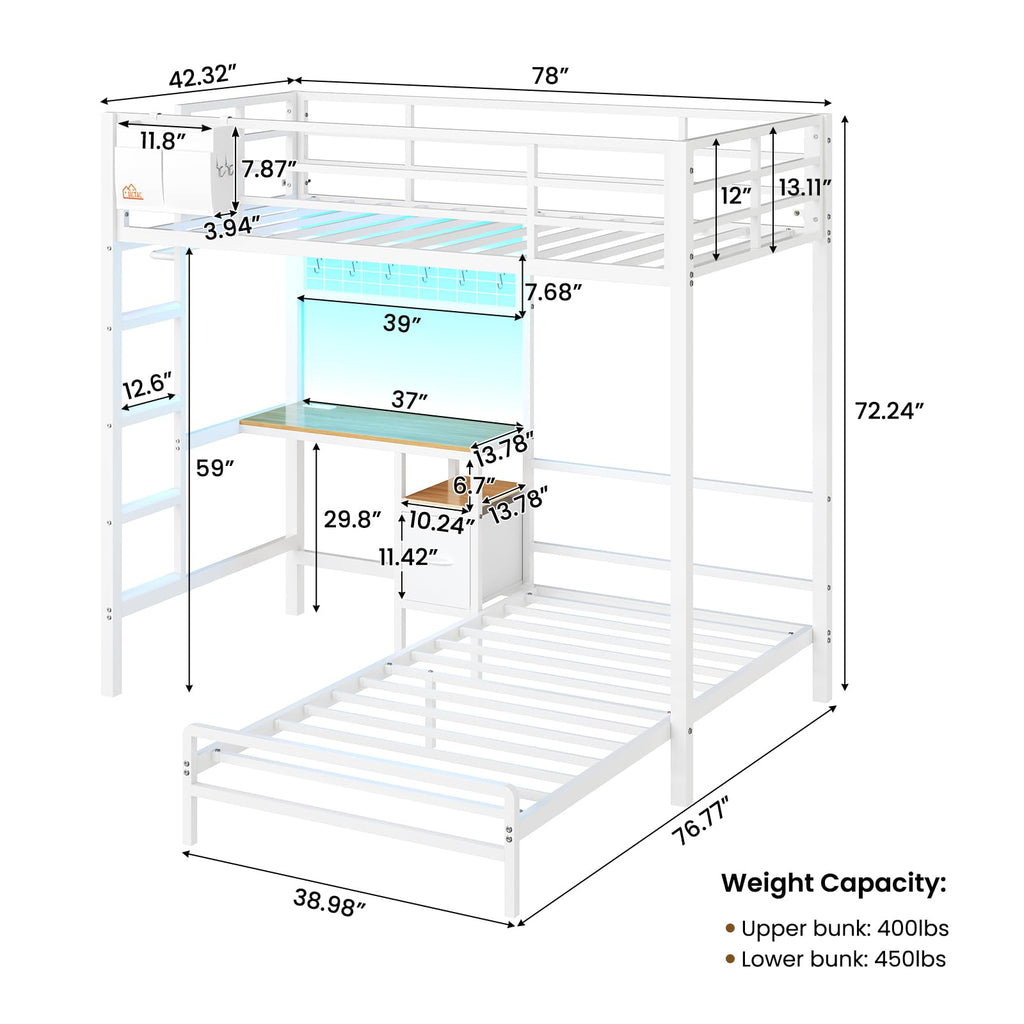 Twin Over Twin White Bunk Bed with Desk E427002