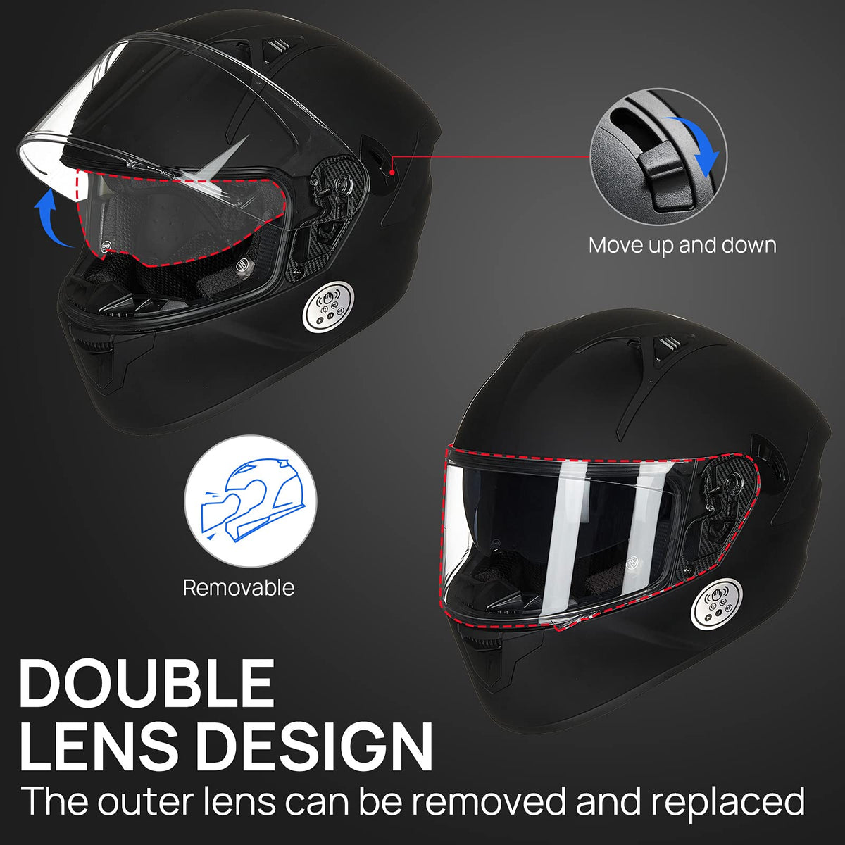 Motorcycle Helmets with Built in Bluetooth Dual Visor Matte Black S A484