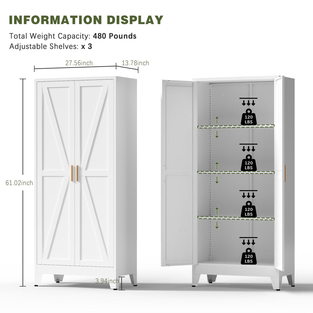 White Farmhouse Storage Kitchen Pantry Cabinet with 2 Barn Door, 3 Adjustable Shelves and Legs C62118