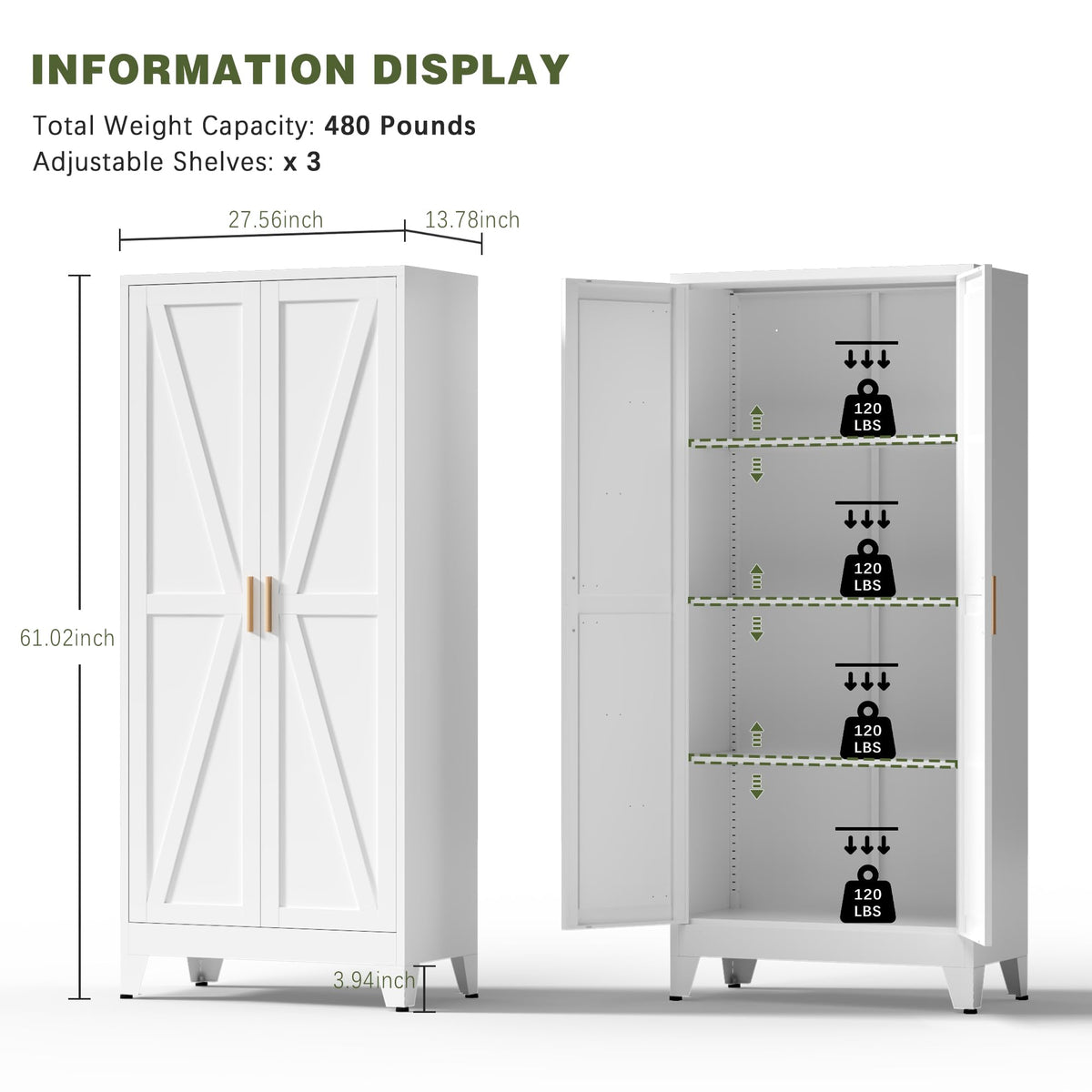 White Farmhouse Storage Kitchen Pantry Cabinet with 2 Barn Door, 3 Adjustable Shelves and Legs C62118
