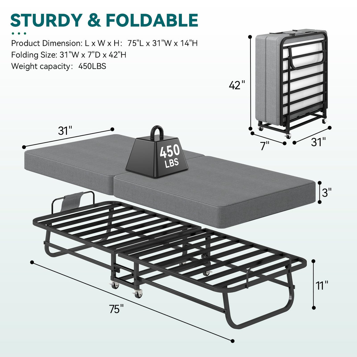 Folding Bed with Mattress and Metal Frame Z551076