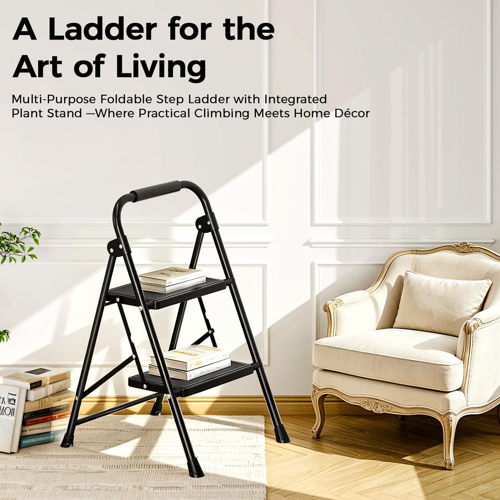 2 Step Folding Step Stool with Handrail Black V49162
