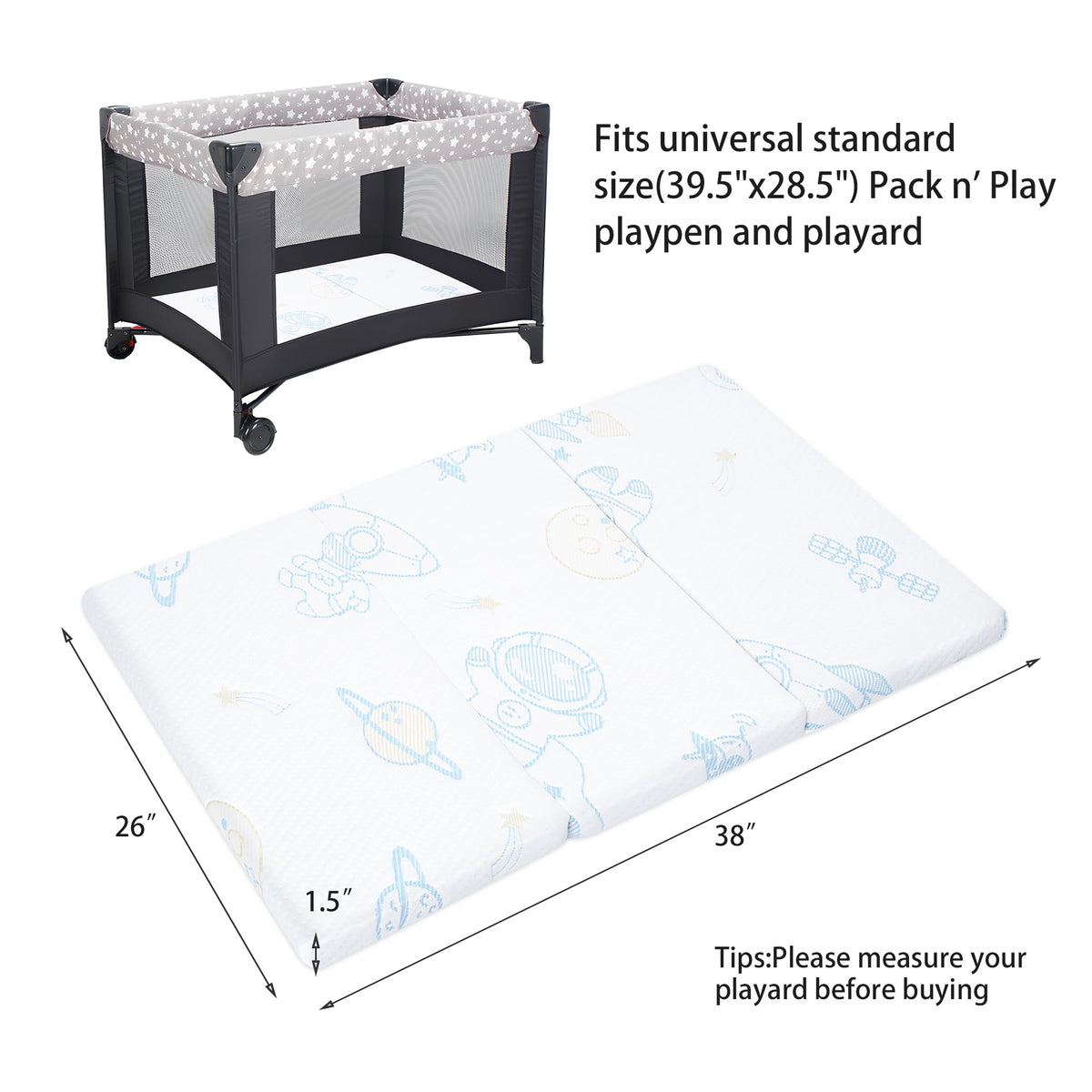 Trifold Portable Pack and Play Mattress Pad with Washable Cover J346