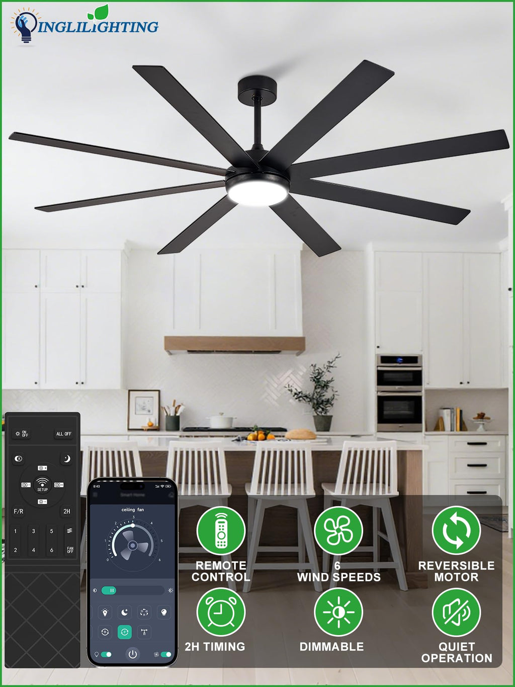 Black 72in Ceiling Fan with Lights W427