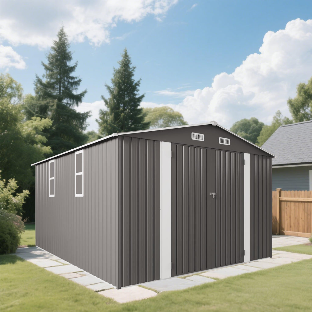 10x12 FT Grey Metal Storage Shed with Double Doors W698158