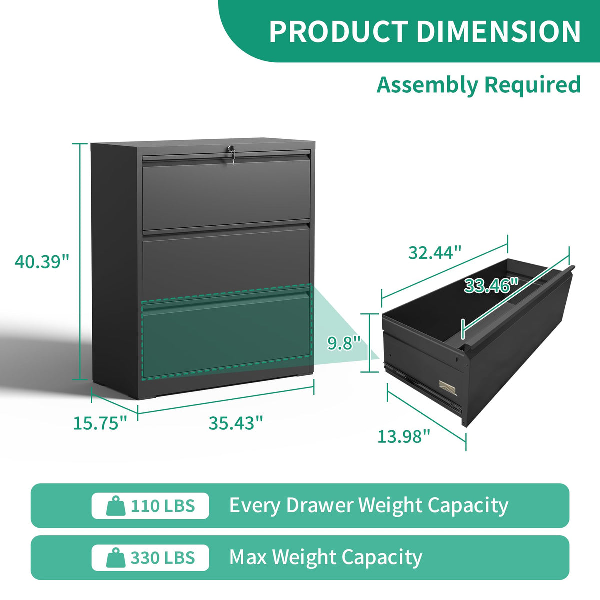 Black 3 Drawer Locking Metal File Cabinet G75484