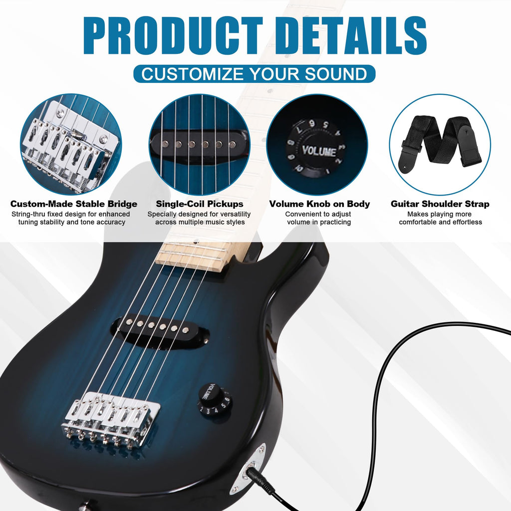 30 Inch Blue Kids Electric Guitar Beginner Kit with Amplifier D86559