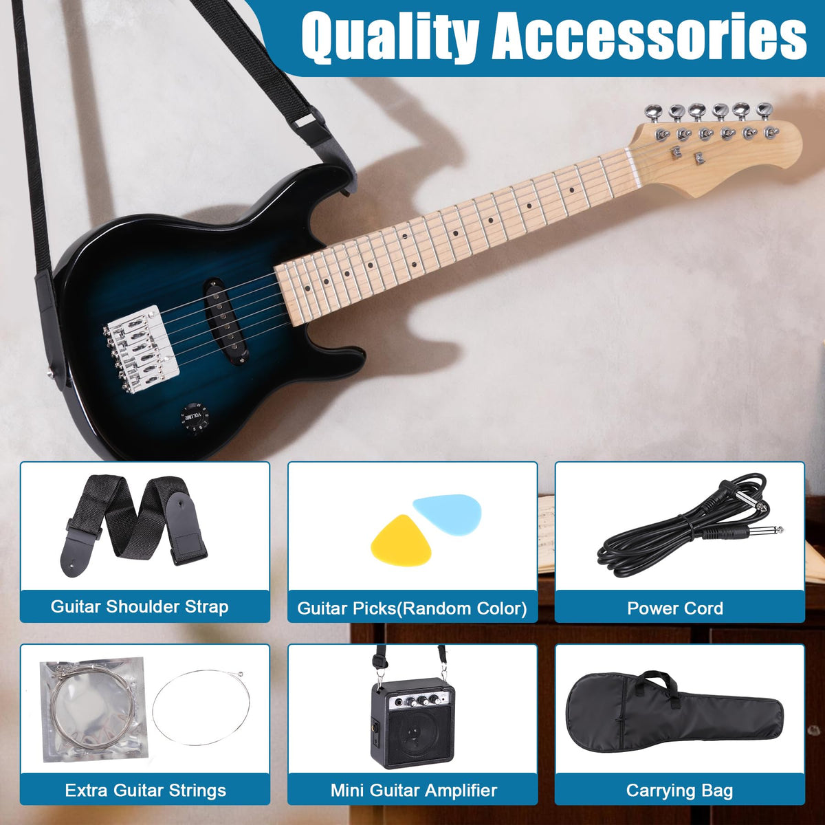 30 Inch Blue Kids Electric Guitar Beginner Kit with Amplifier D86559