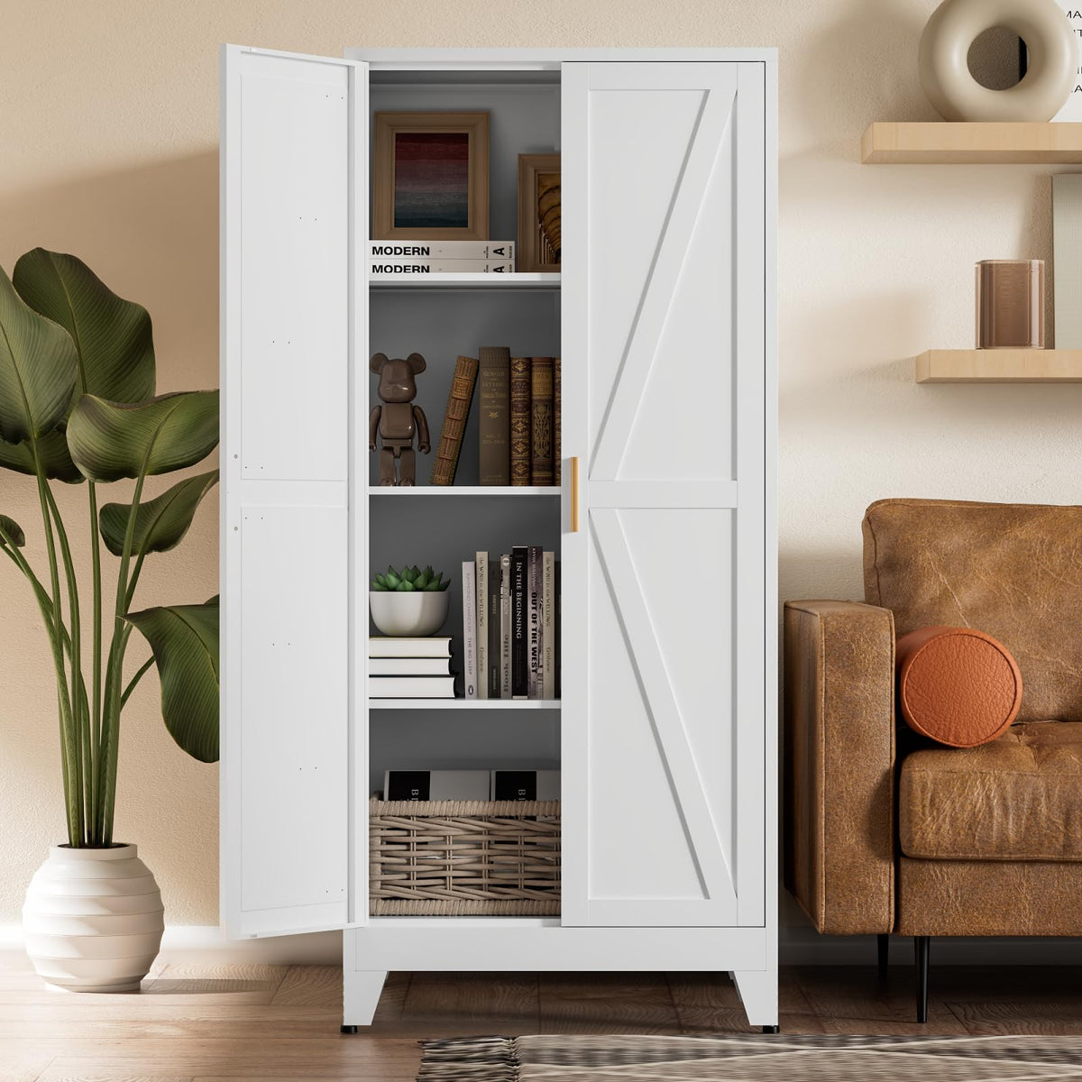 White Farmhouse Storage Kitchen Pantry Cabinet with 2 Barn Door, 3 Adjustable Shelves and Legs C62118