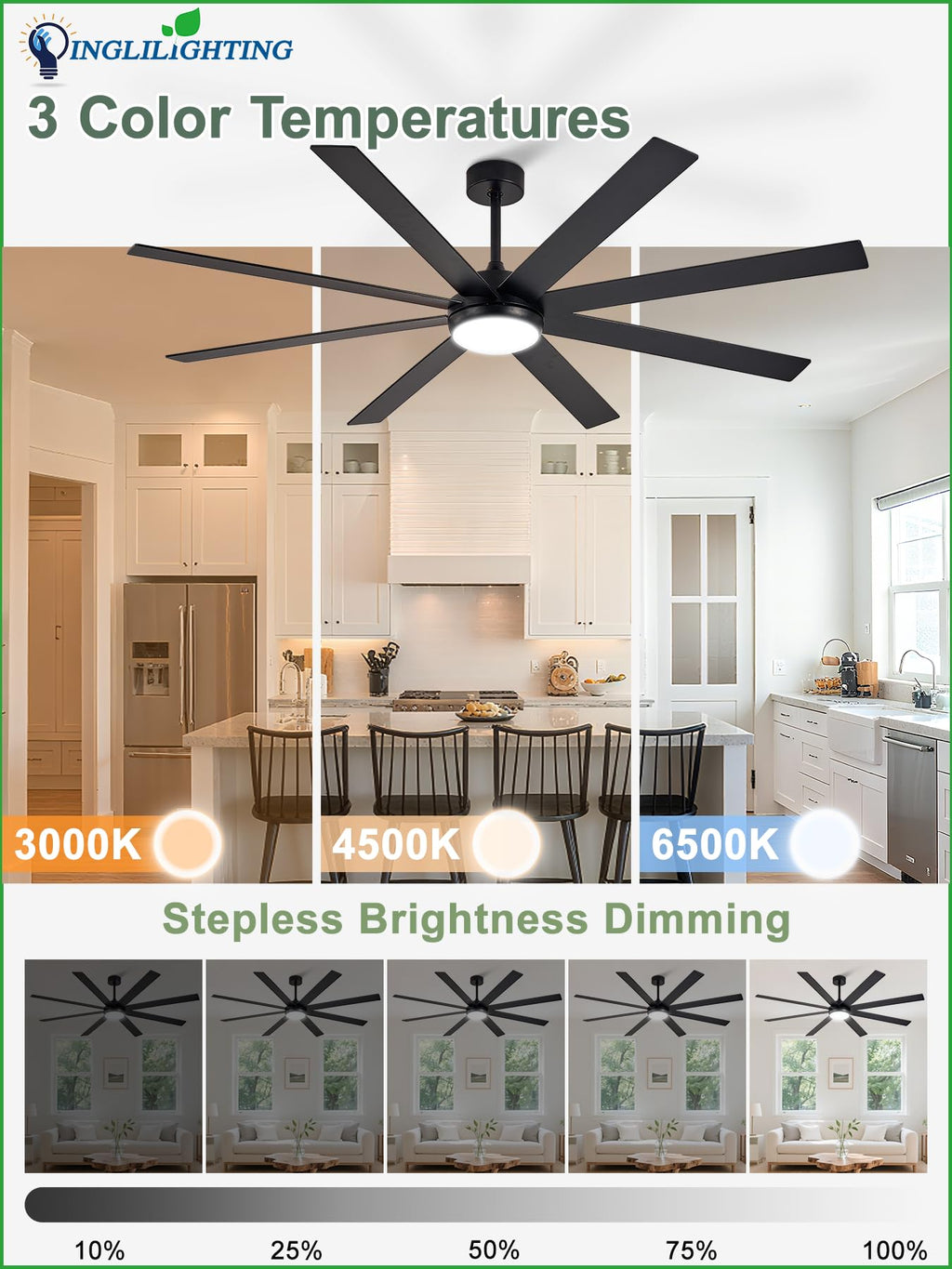 Black 72in Ceiling Fan with Lights W427