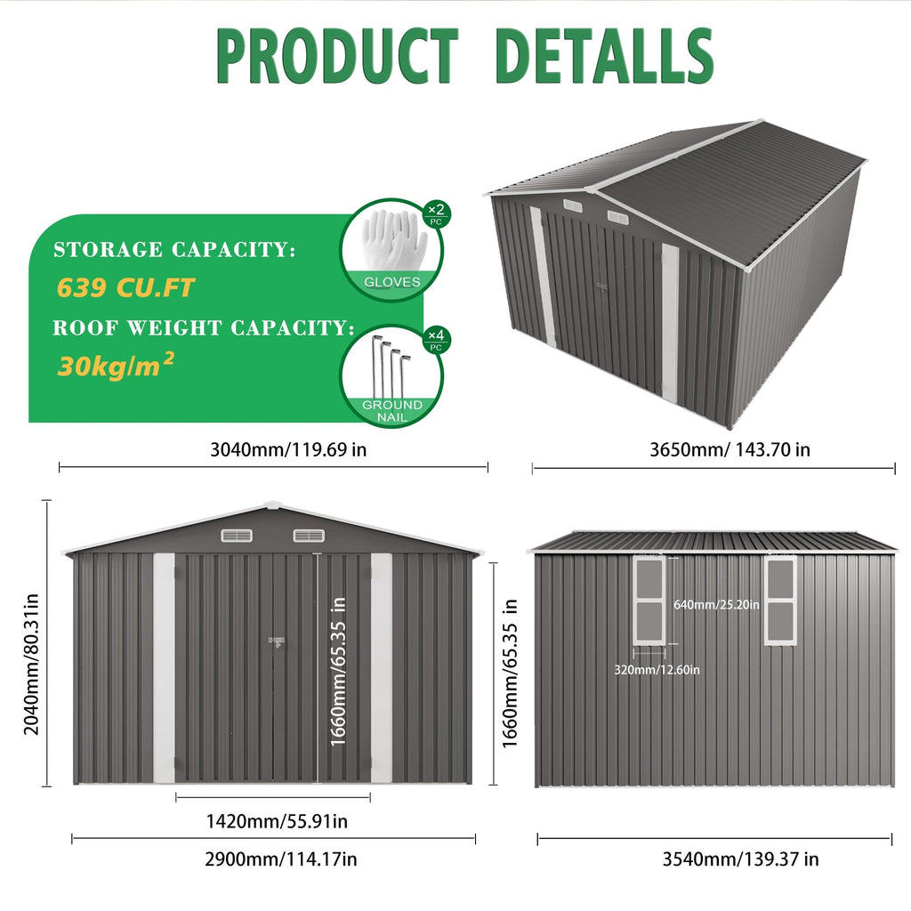 10x12 FT Grey Metal Storage Shed with Double Doors W698158