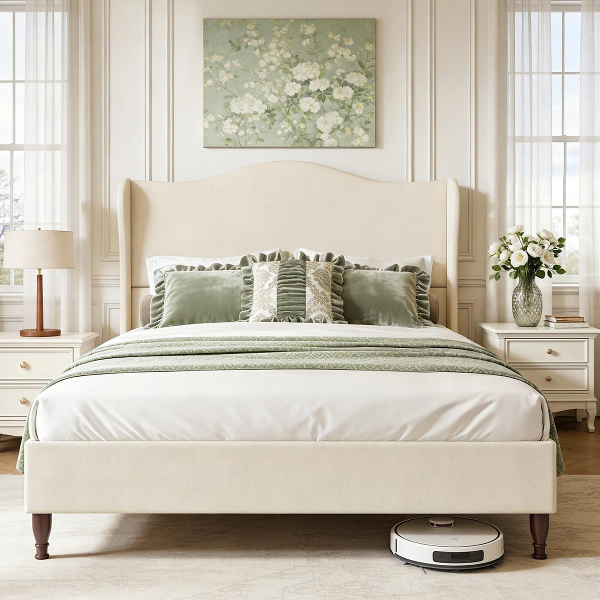 Queen Size Fabric Upholstered Platform Bed with Wooden Slats R1845