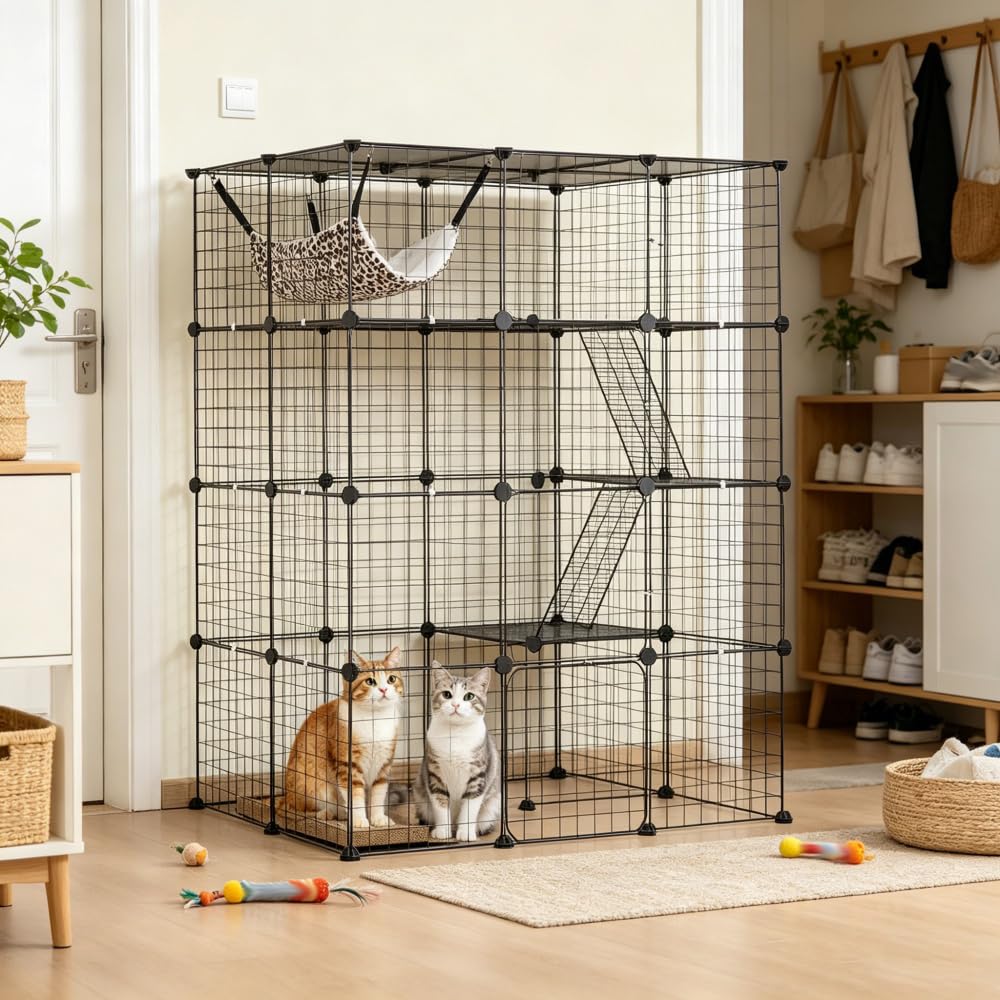 4-Tier Metal Wire Cat Cage with Hammock, Platforms & Ramps, Black R475166