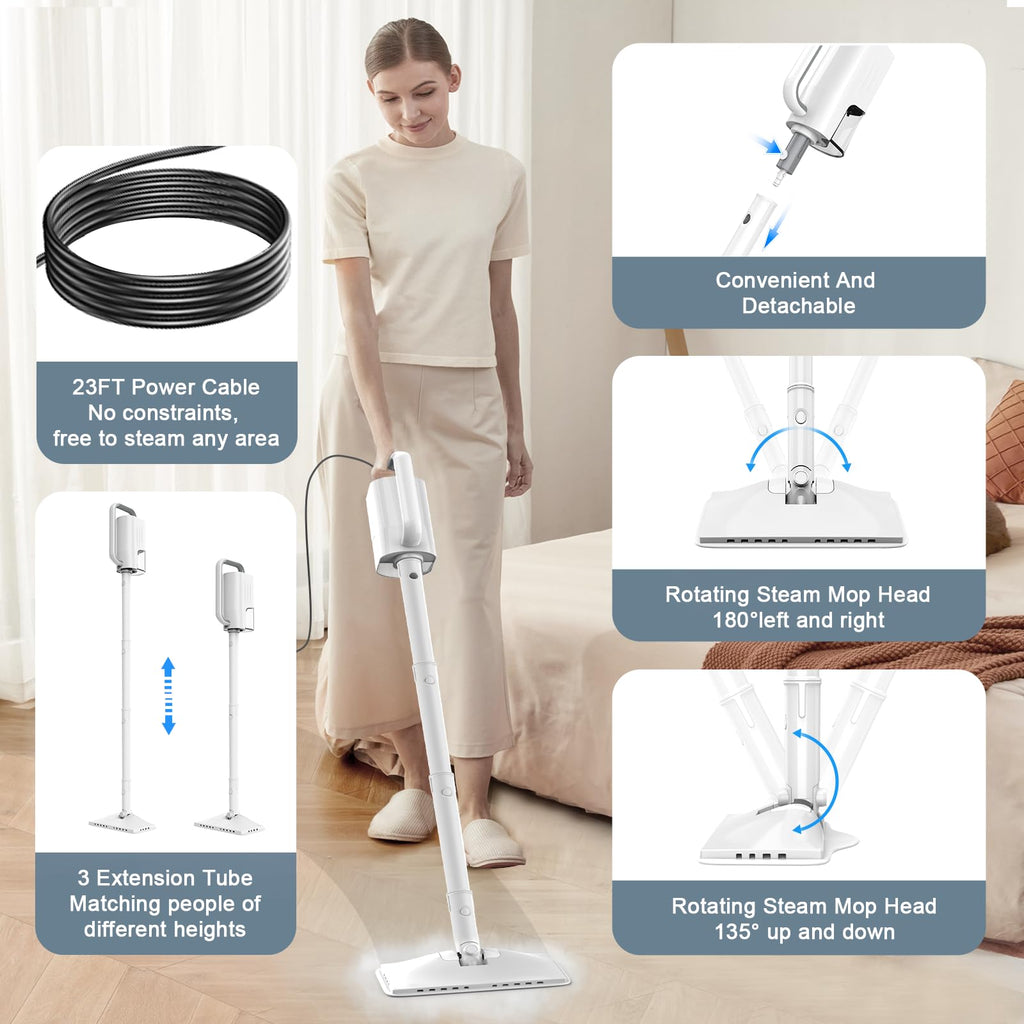 1200W Rotatable Steam Mop with 2 Modes, 400ML Tank, 23FT Cord F814
