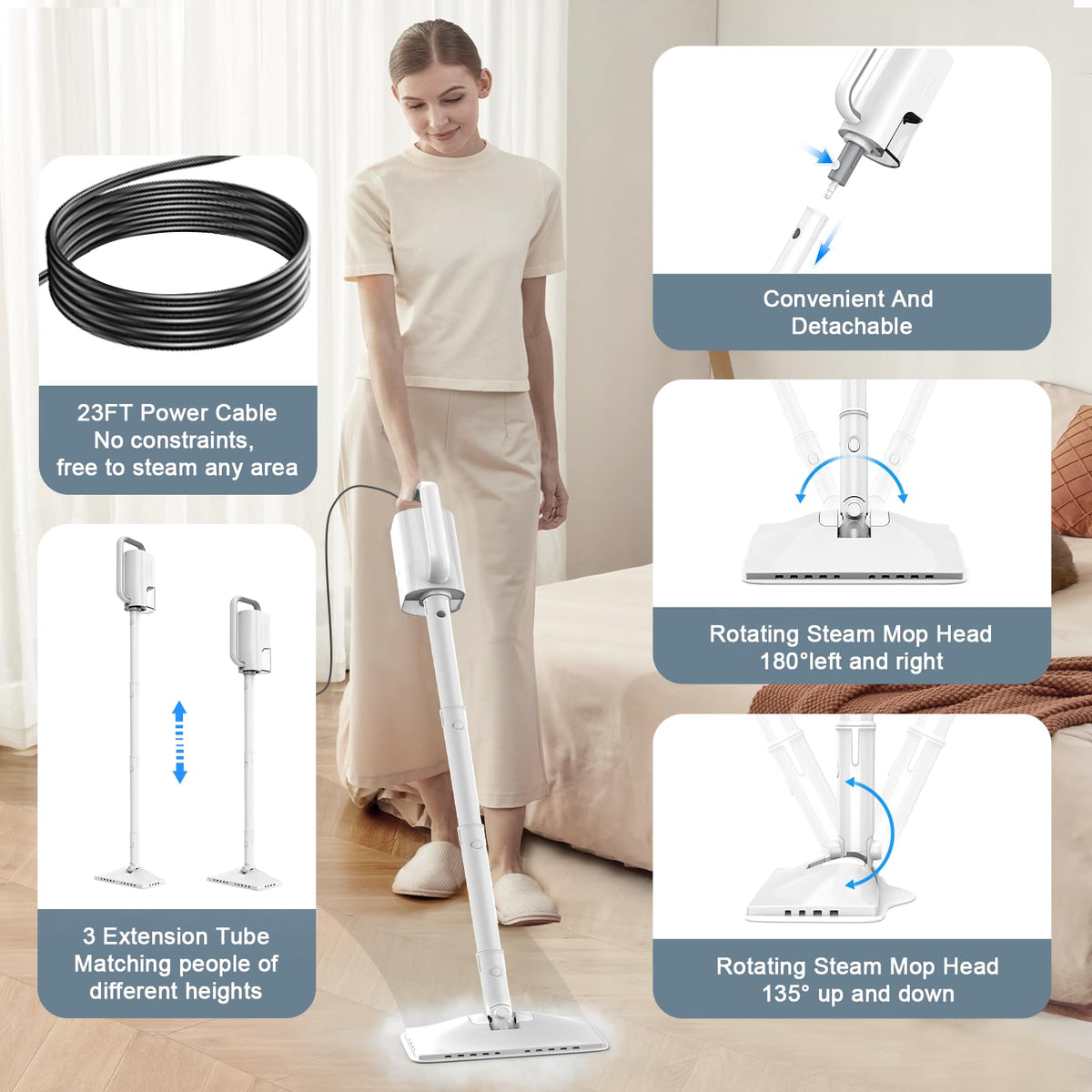 1200W Rotatable Steam Mop with 2 Modes, 400ML Tank, 23FT Cord F814