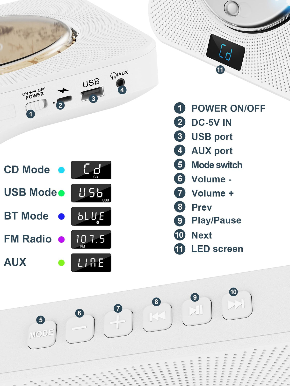 White Portable CD Player with Bluetooth O5198