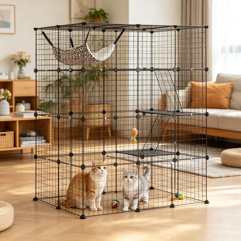 4-Tier Metal Wire Cat Cage with Hammock, Platforms & Ramps, Black R475166
