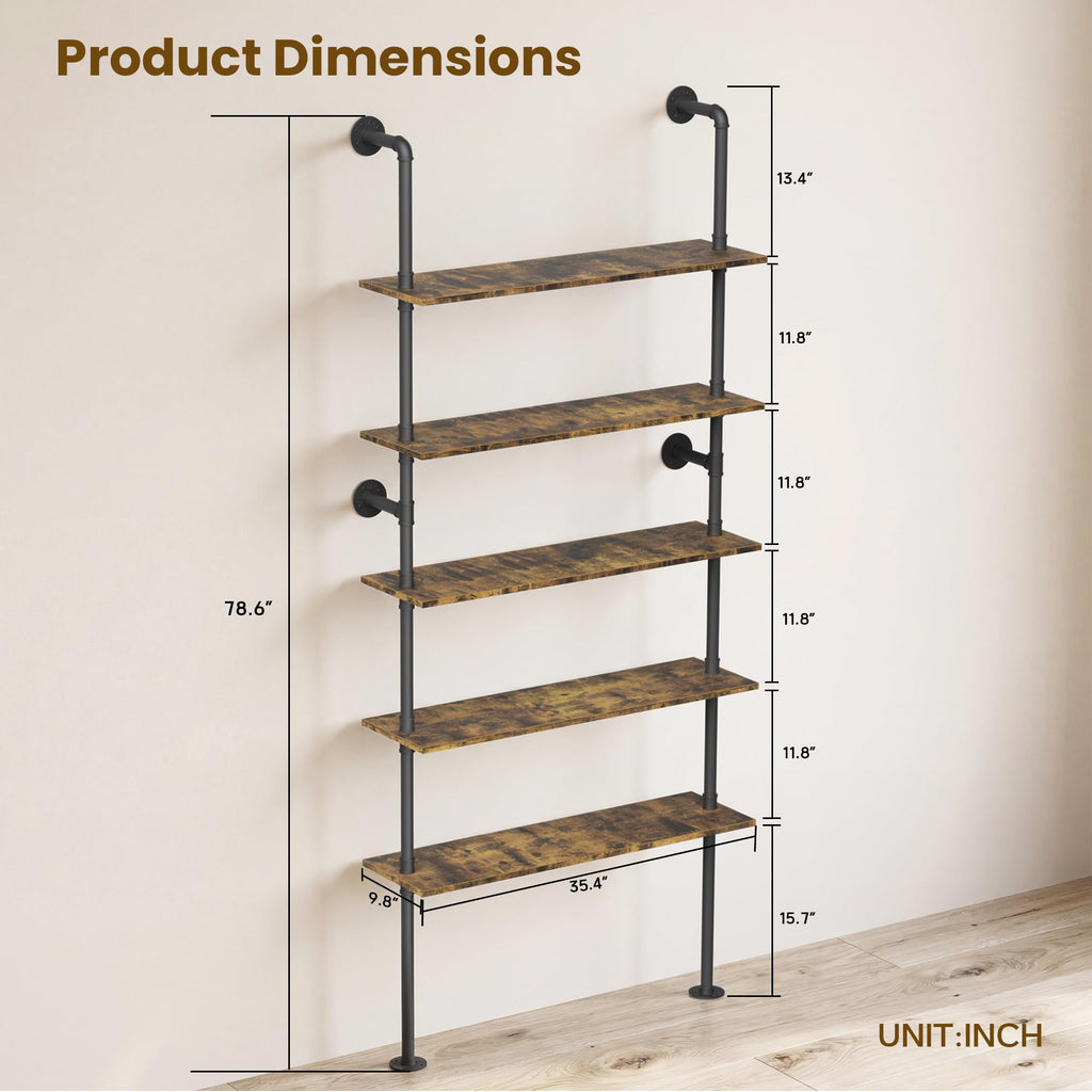 5 Tier Rustic Industrial Pipe Floating Wall Shelves R101