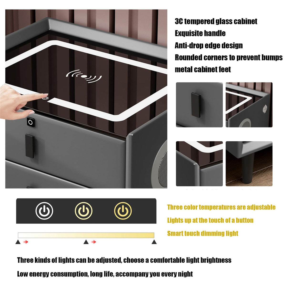 Pink 3 Drawer Smart Bedside Table with USB Charging H8519