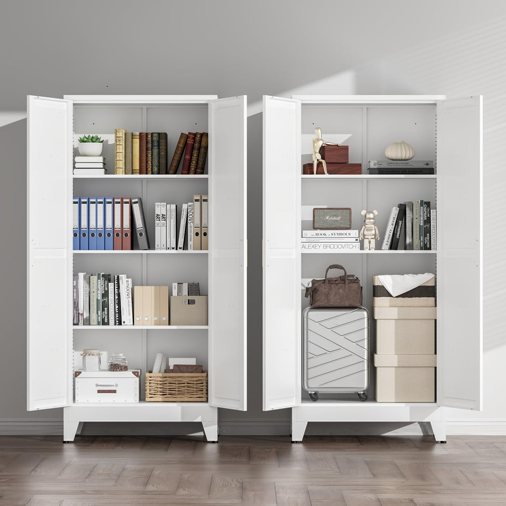White Farmhouse Storage Kitchen Pantry Cabinet with 2 Barn Door, 3 Adjustable Shelves and Legs C62118