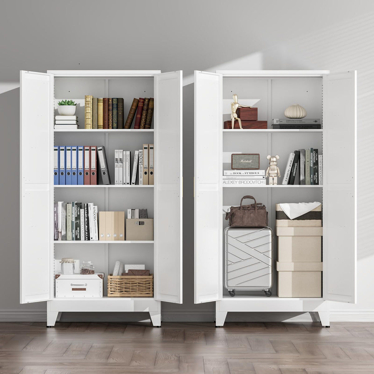White Farmhouse Storage Kitchen Pantry Cabinet with 2 Barn Door, 3 Adjustable Shelves and Legs C62118