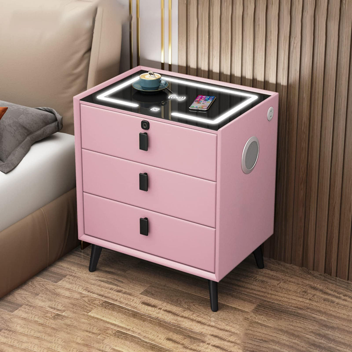 Pink 3 Drawer Smart Bedside Table with USB Charging H8519