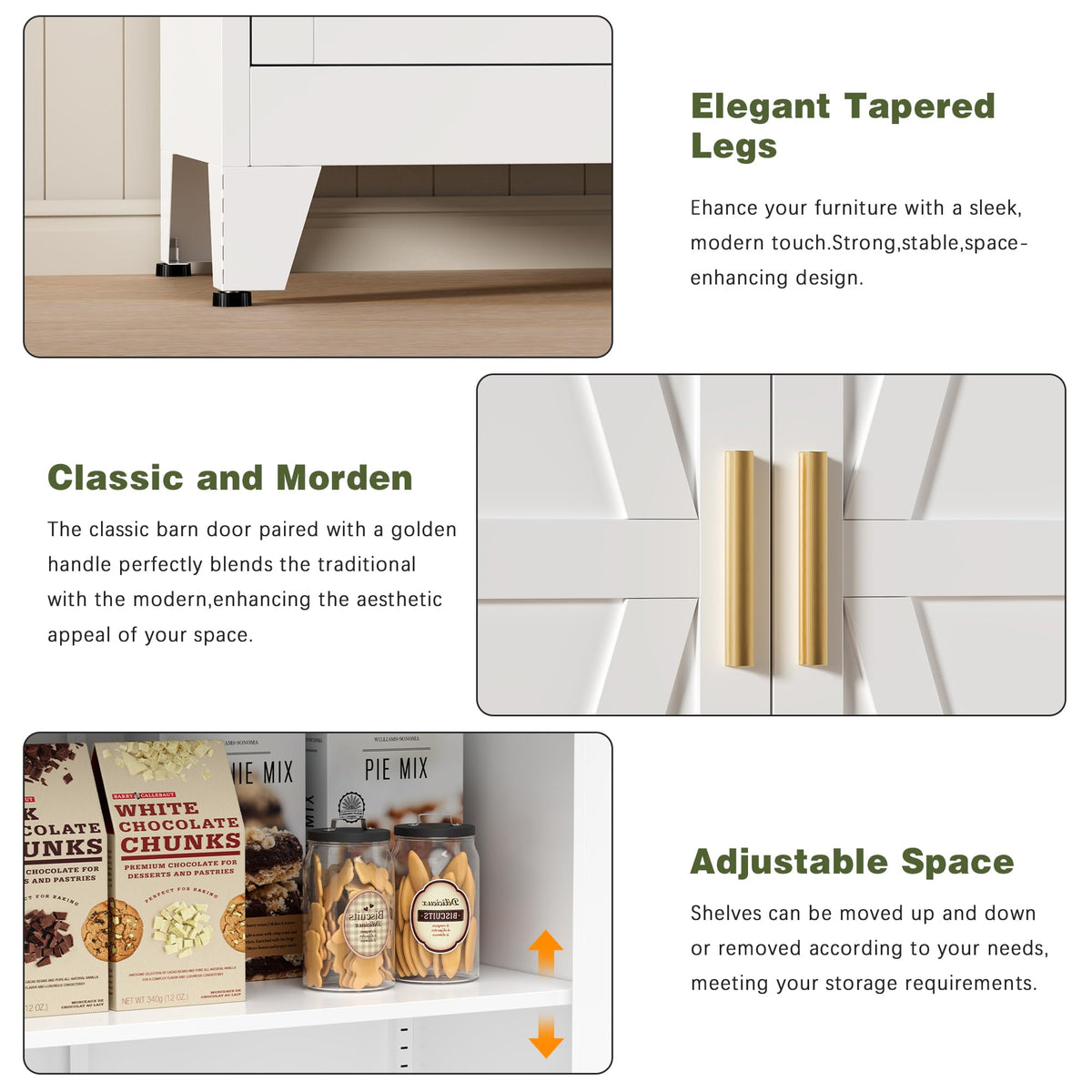 White Farmhouse Storage Kitchen Pantry Cabinet with 2 Barn Door, 3 Adjustable Shelves and Legs C62118
