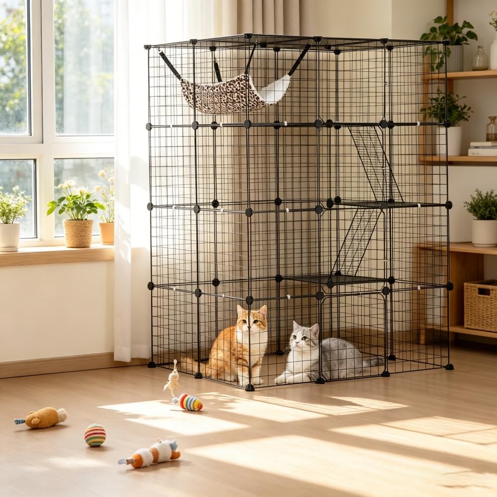 4-Tier Metal Wire Cat Cage with Hammock, Platforms & Ramps, Black R475166