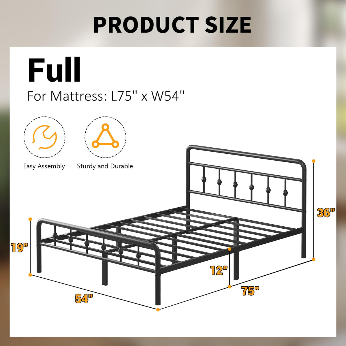 12 Inch Full Bed Frame with Headboard and Footboard W896