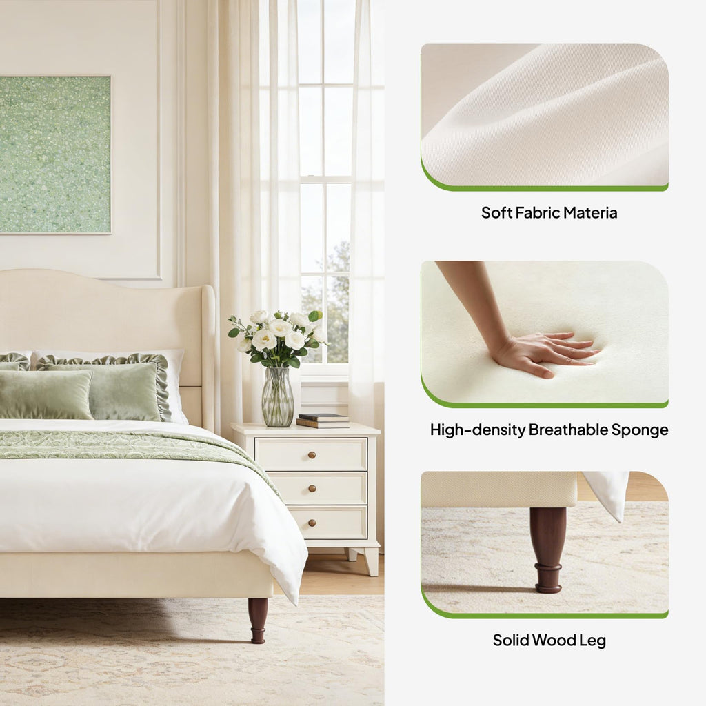 Queen Size Fabric Upholstered Platform Bed with Wooden Slats R1845