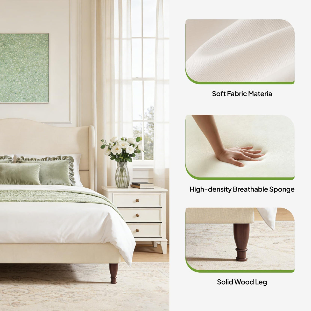 Queen Size Fabric Upholstered Platform Bed with Wooden Slats R1845