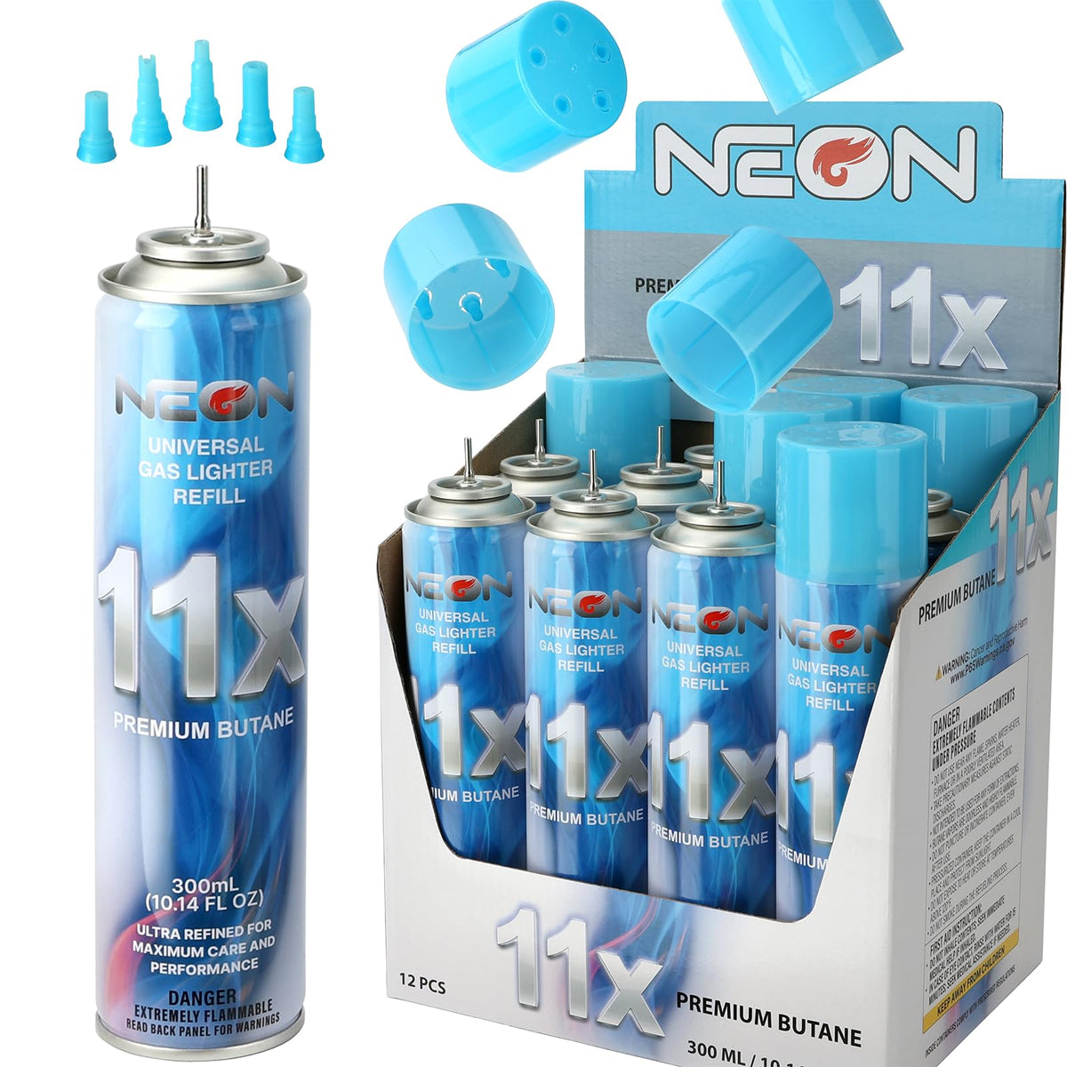 11X Ultra-Refined Butane Fuel 300ml with Metal Nozzle & 5 Adapters, 12 Cans G94762