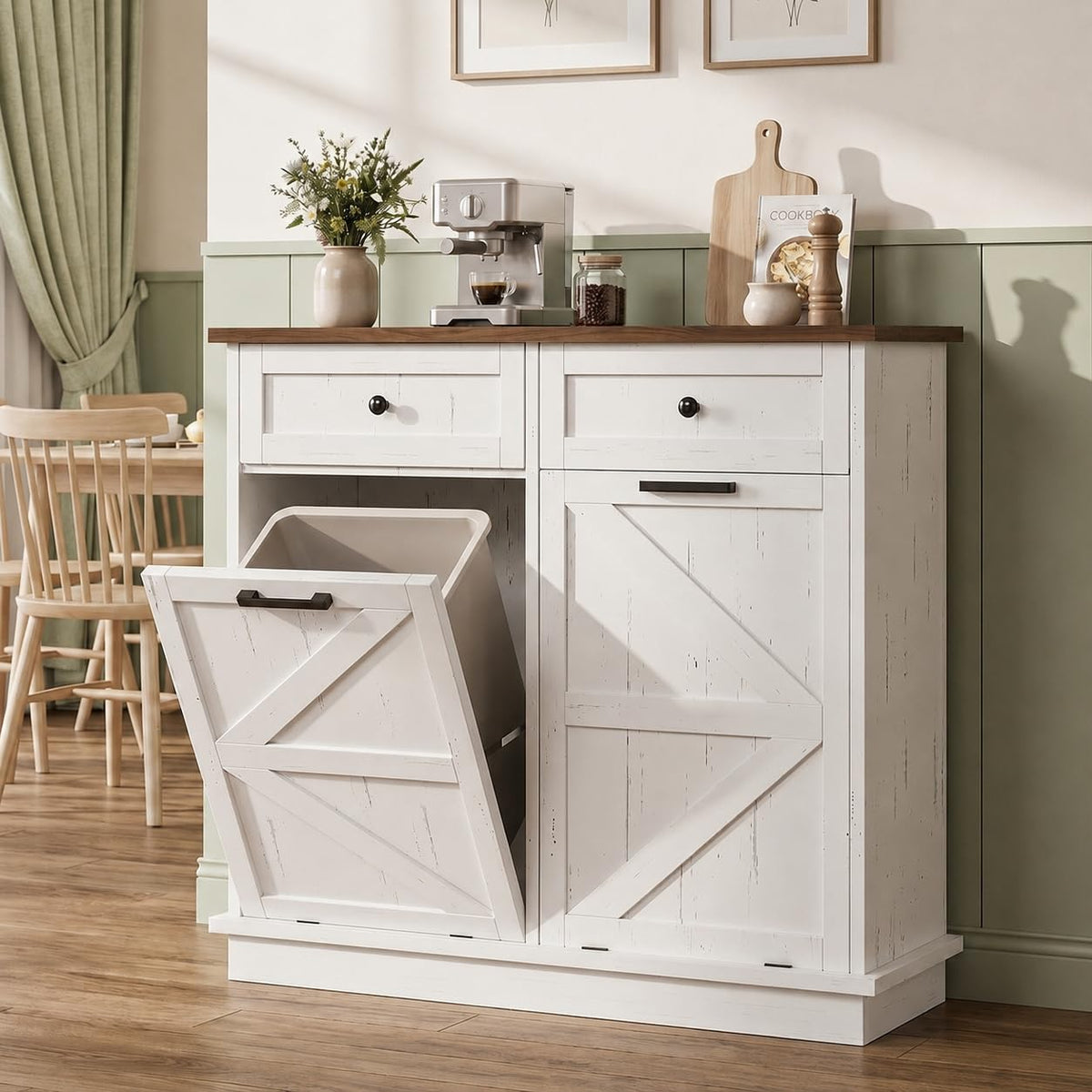 White Double Tilt Out Trash Can Cabinet with 2 Drawers B518224