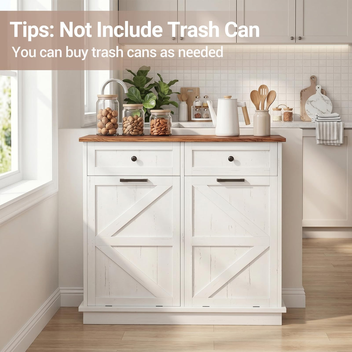 White Double Tilt Out Trash Can Cabinet with 2 Drawers B518224