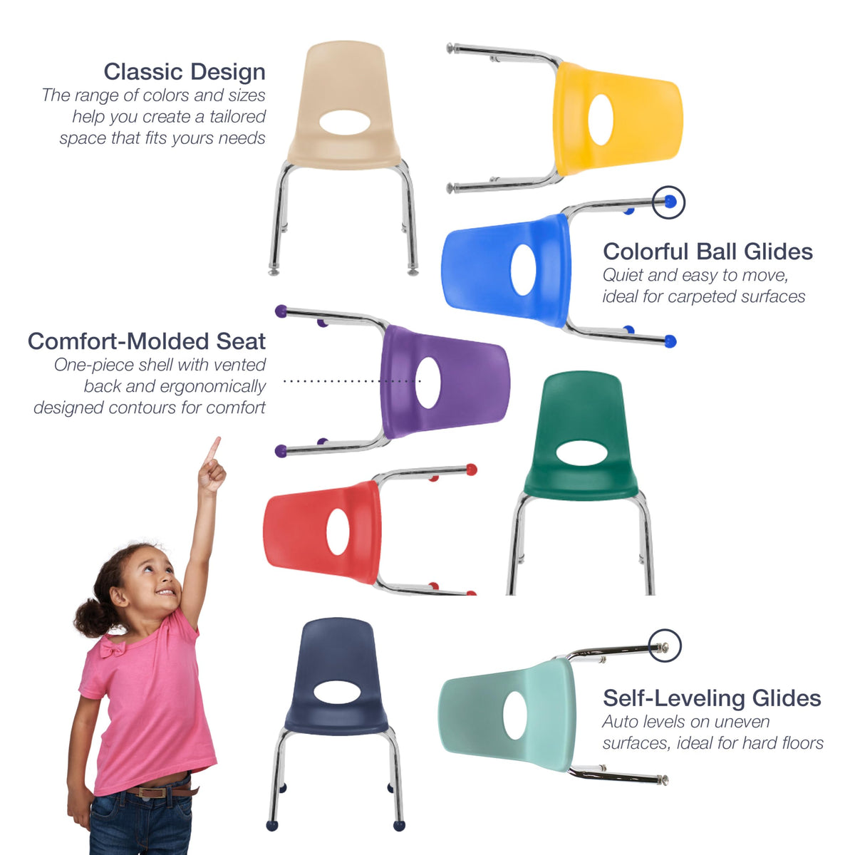 12" School Stack Chair with Ball Glides, Navy, 6-Pack A68375