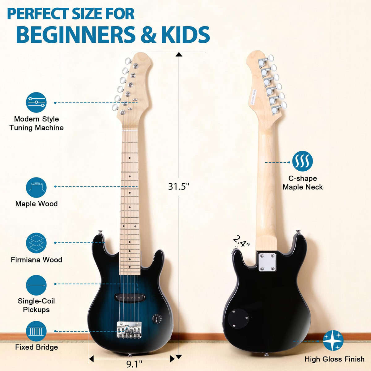 30 Inch Blue Kids Electric Guitar Beginner Kit with Amplifier D86559