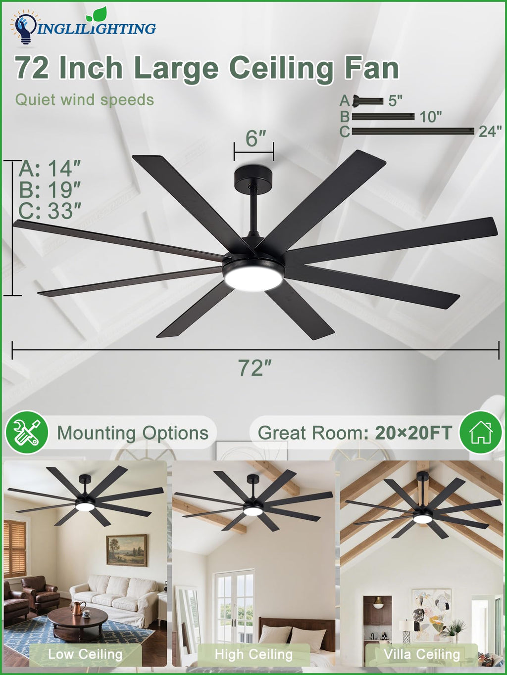 Black 72in Ceiling Fan with Lights W427