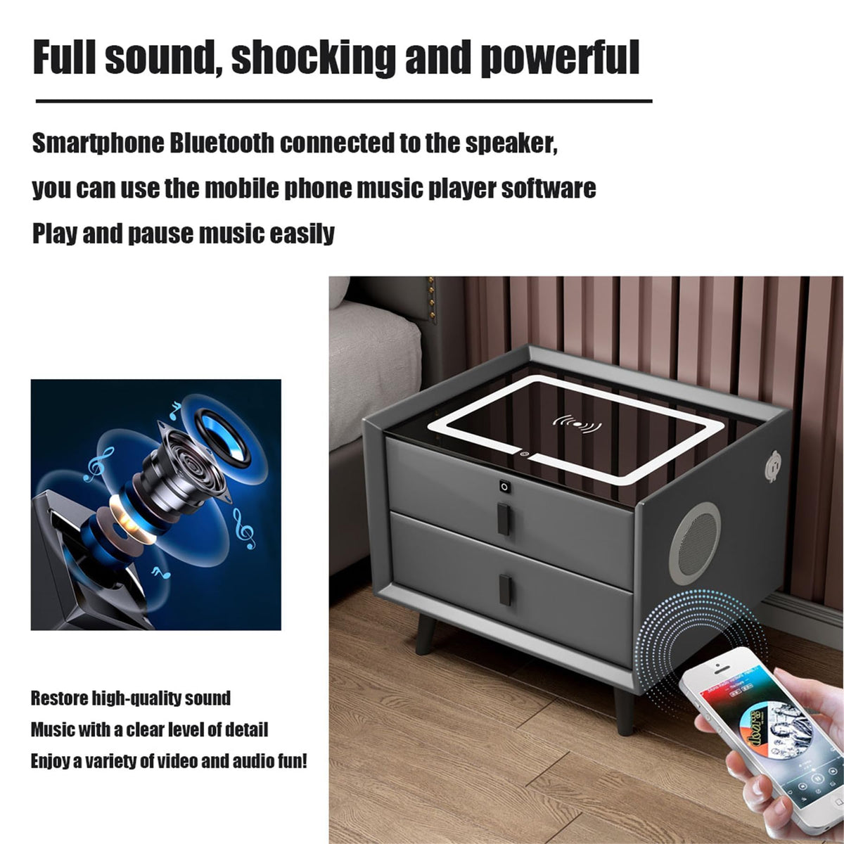 Pink 3 Drawer Smart Bedside Table with USB Charging H8519