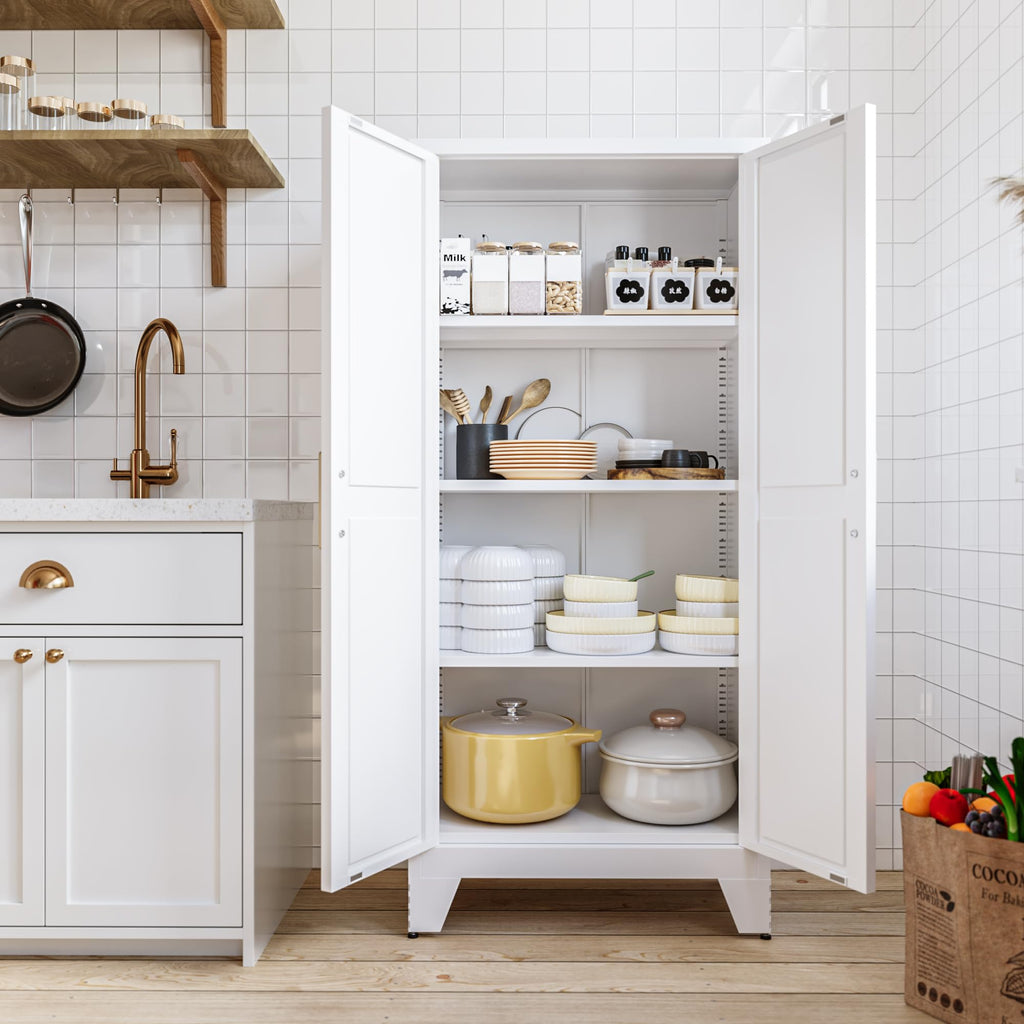 White Farmhouse Storage Kitchen Pantry Cabinet with 2 Barn Door, 3 Adjustable Shelves and Legs C62118