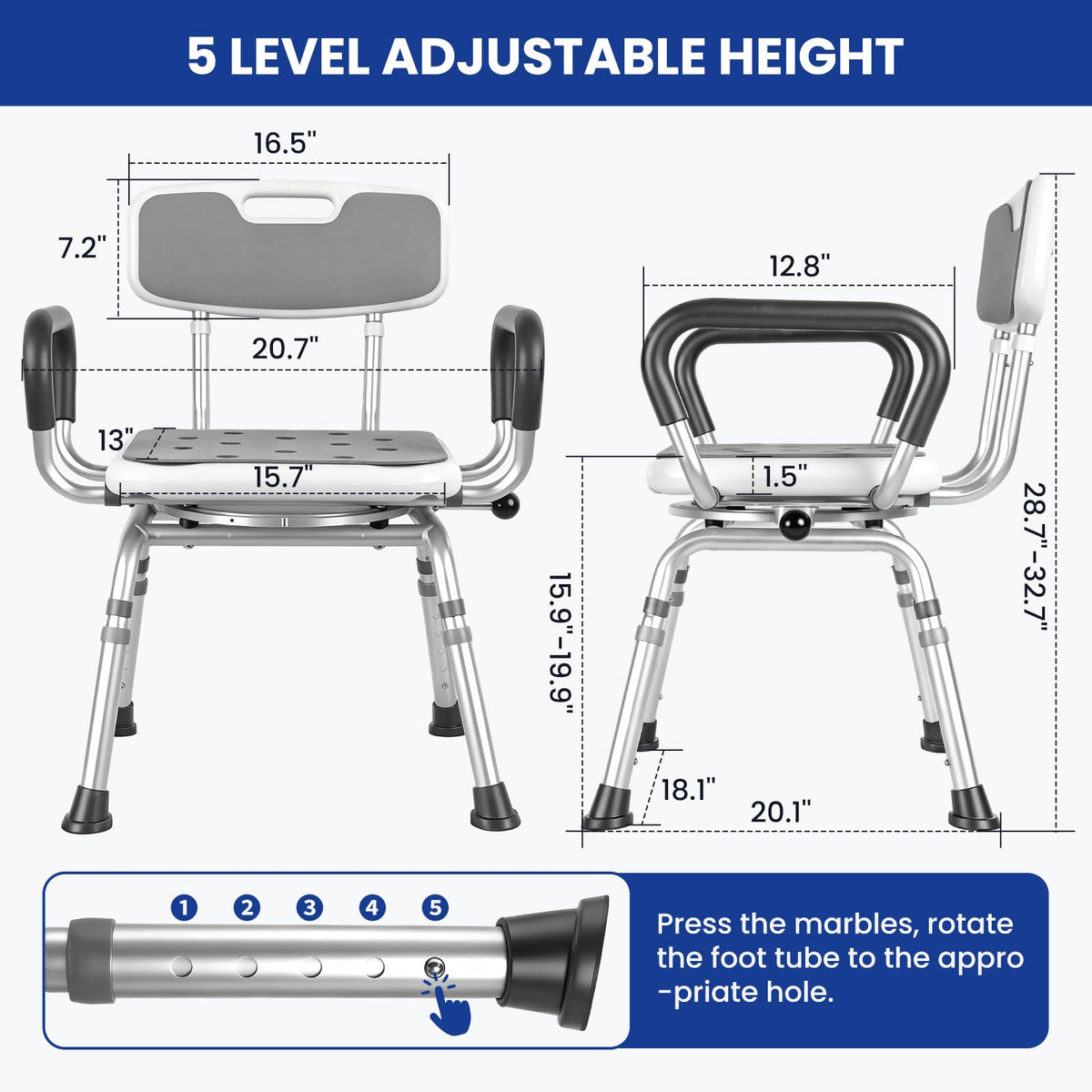 Swivel Shower Chair with Arms & Back, 5-Level Height Adjustable, 300 lbs L655