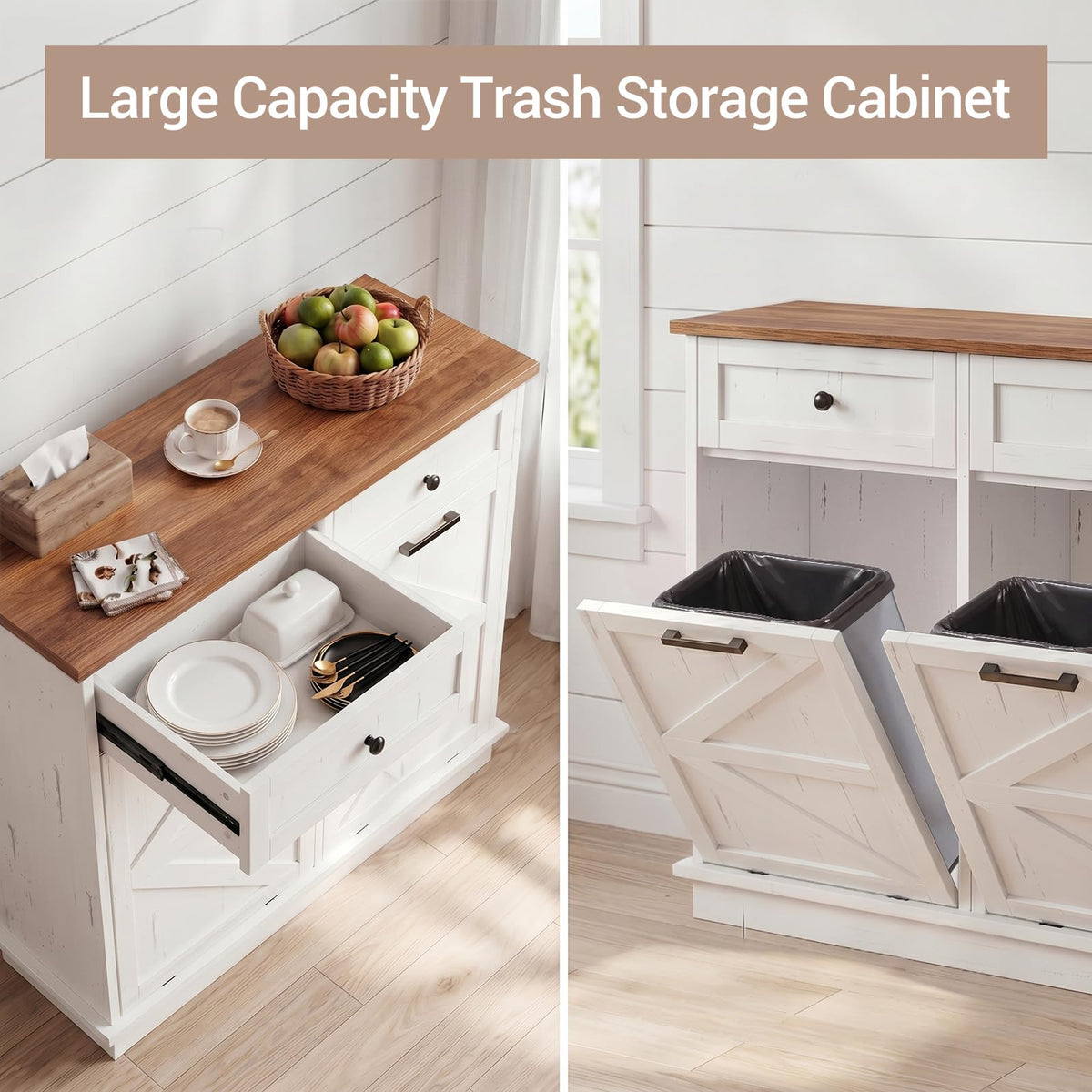 White Double Tilt Out Trash Can Cabinet with 2 Drawers B518224