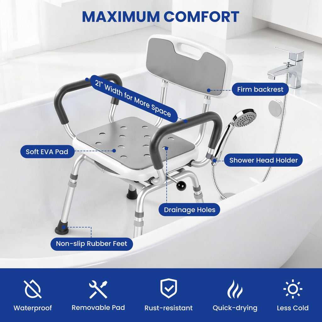 Swivel Shower Chair with Arms & Back, 5-Level Height Adjustable, 300 lbs L655