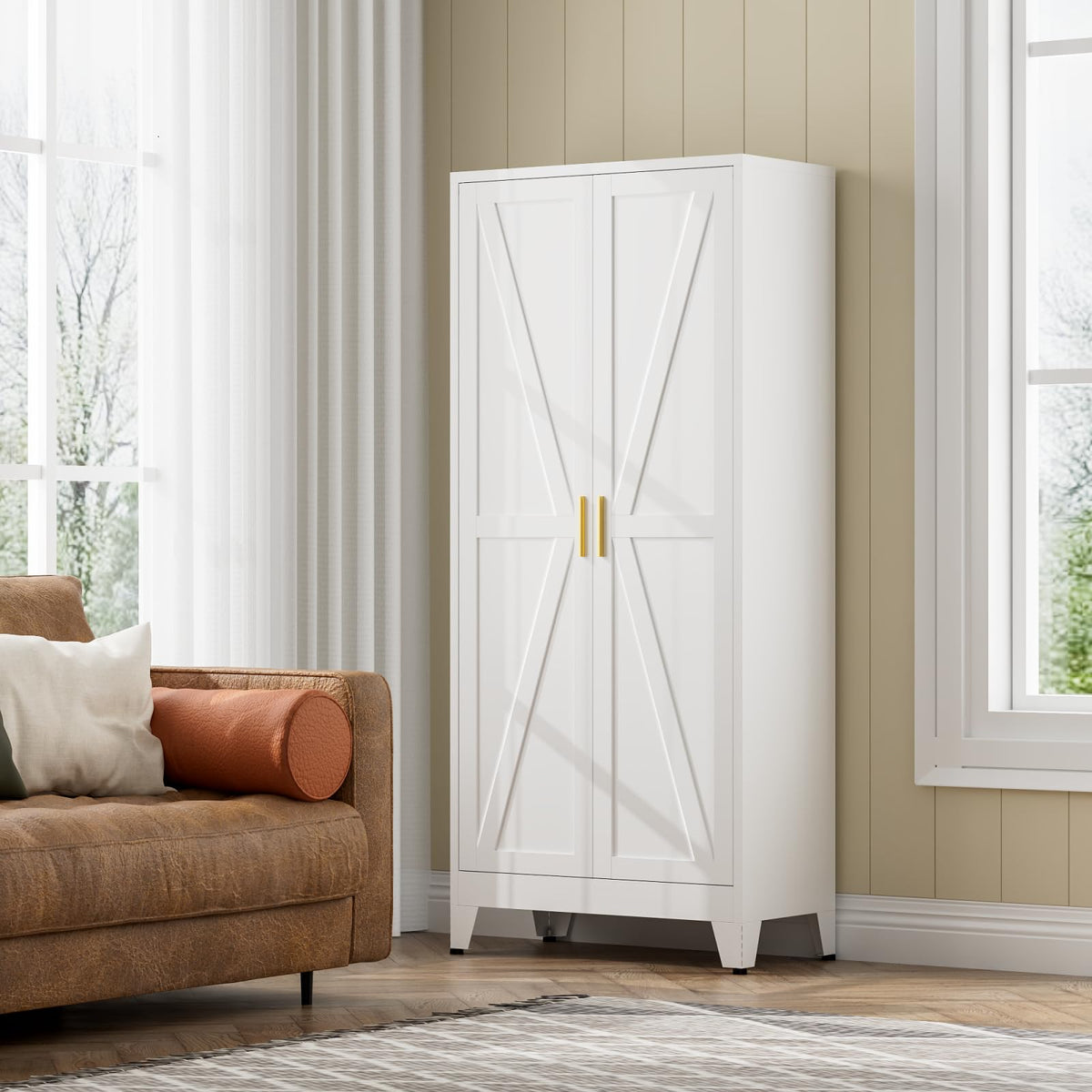 White Farmhouse Storage Kitchen Pantry Cabinet with 2 Barn Door, 3 Adjustable Shelves and Legs C62118